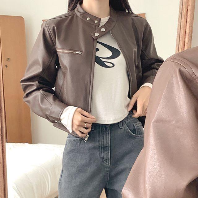 *md추천![최저가/고급무드/4color] 레더 그로우 스냅 버튼 세미크롭 박시핏 자켓집업 라이더자켓 가죽자켓/그로우레더자켓