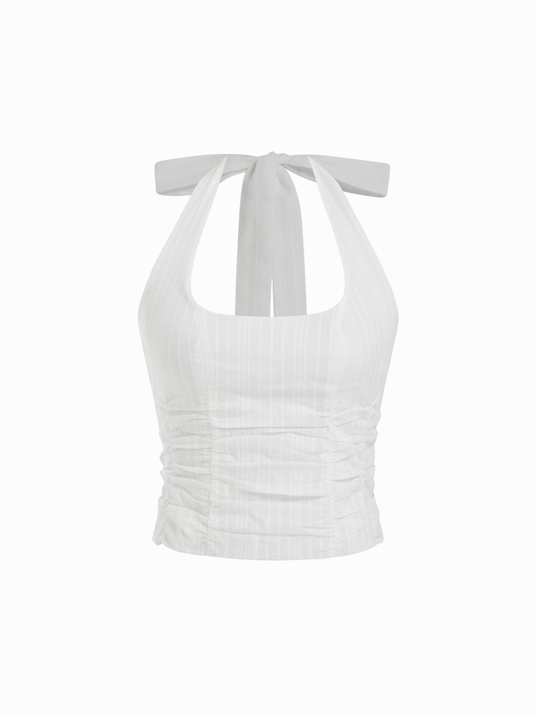 Cotton Jacquard Halter Neckline Ruched Shirred Blouse