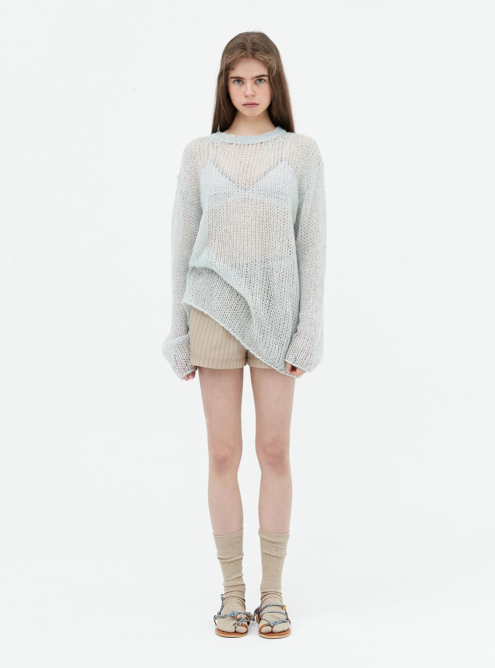 Mohair two-tone long knit. Cream/Sky blue