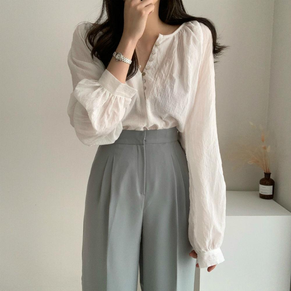 봉주 [당일발송] 헨리넥 여름 세련된 복고풍 라운드넥 긴팔 블라우스 셔츠 2color