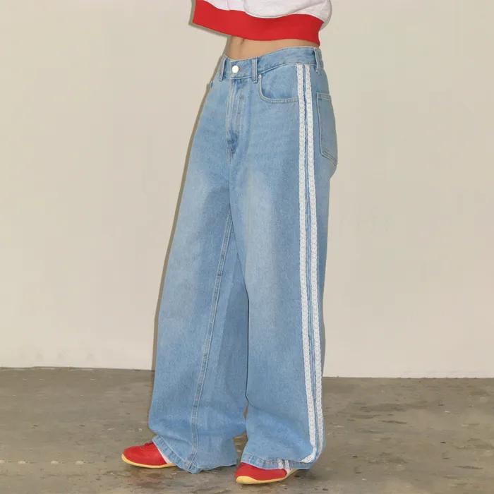SIDE LACE TRACK DENIM PANTS LIGHT BLUE