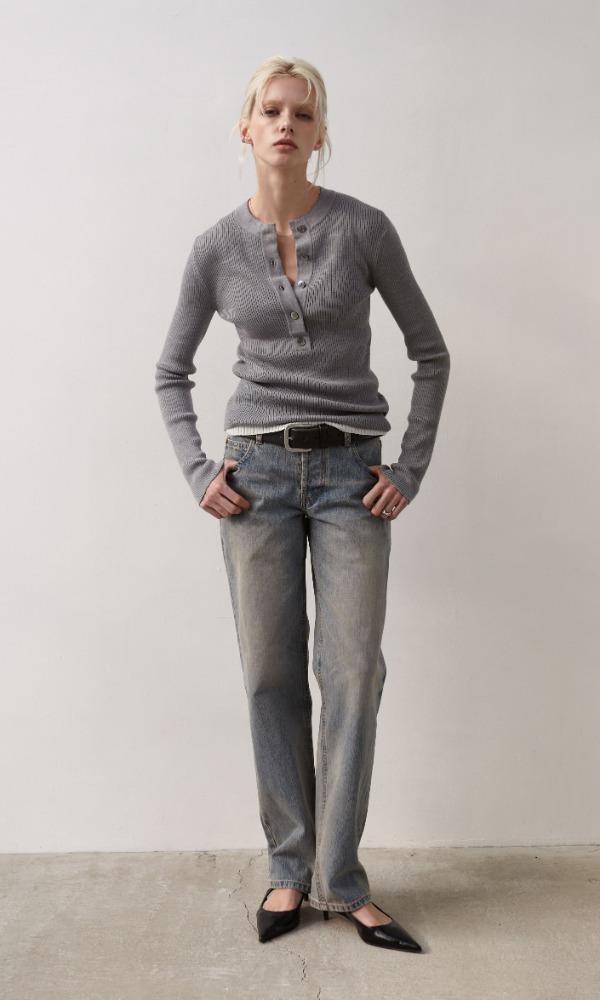 [3/13 예약 발송] RELAX-FIT HENLEY NECK KNIT (STEEL GREY)