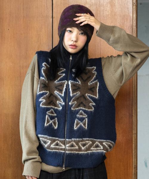 GNT065 어글리 나바호 집업 니트 베스트 (NAVY)