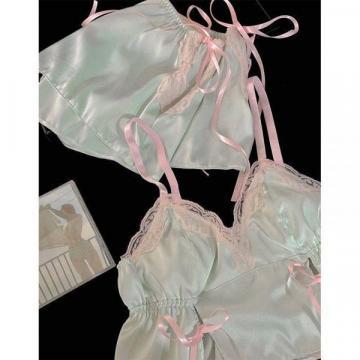 리본 펀칭 레이스 얇은 멜빵 반바지 섹시 홈웨어 세트 여름 파자마 투피스 브라 패드