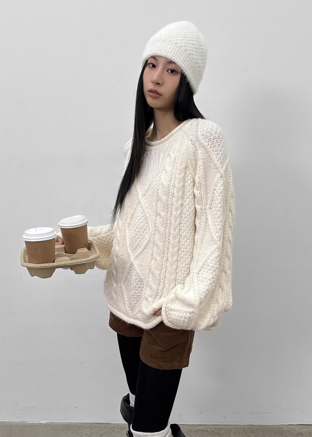 프알렛 케이블 루즈핏 니트 (울 34%)