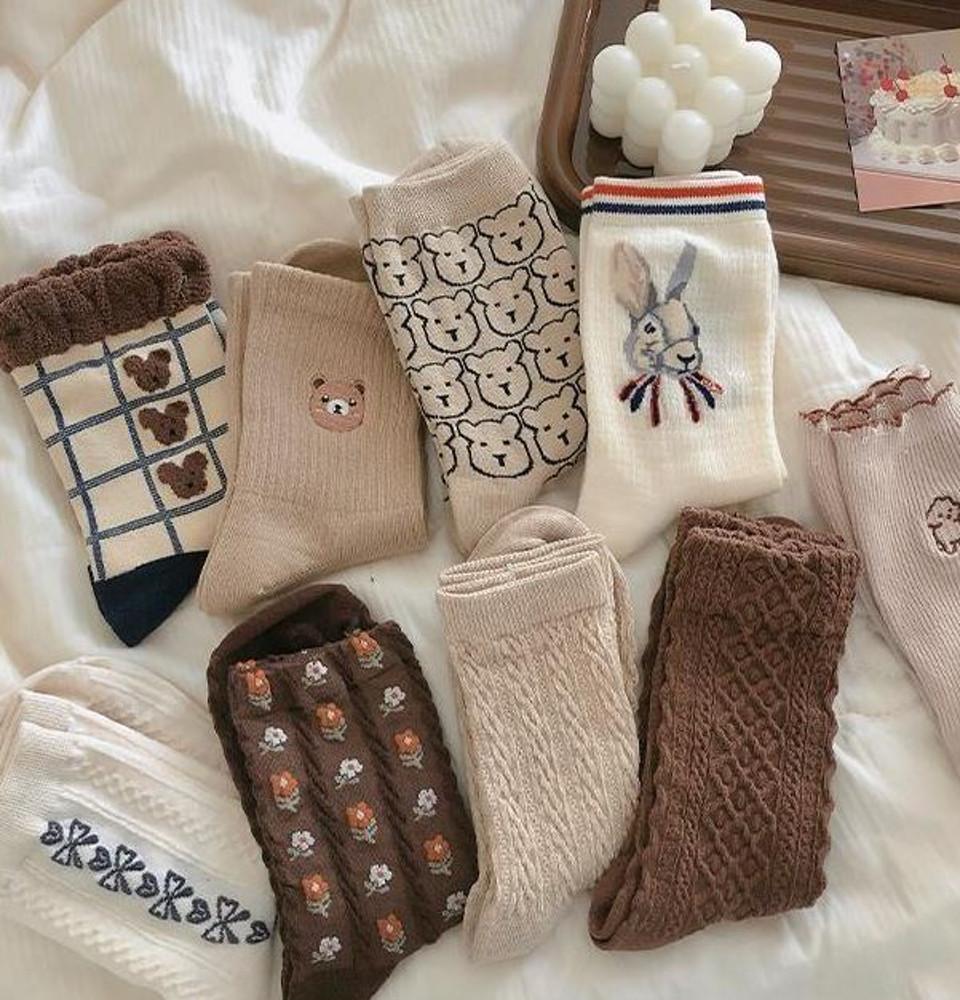 데데리트 톤다운 믹스 플라워 곰돌이 디자인 봄 여름 여성 패션 예쁜 양말 8종 선물 세트