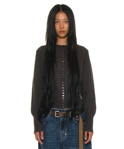 와이드 리브 버튼업 니트 가디건_차콜 멜란지