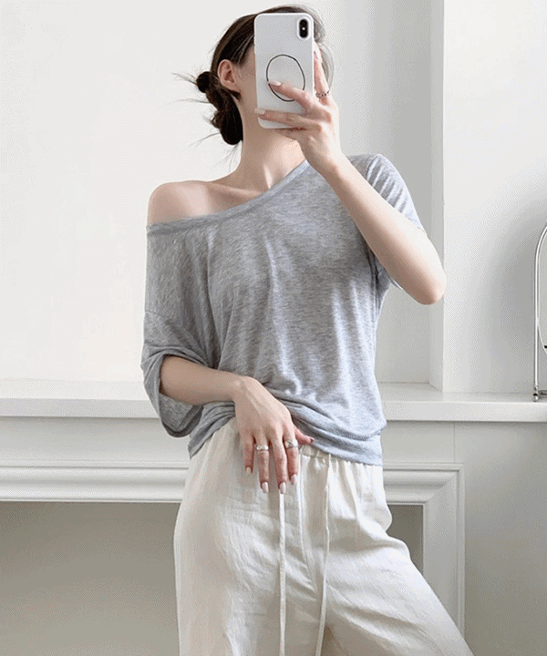 엔스 원숄더 데일리룩 캐주얼룩 루즈핏 반팔 탑 (그레이)