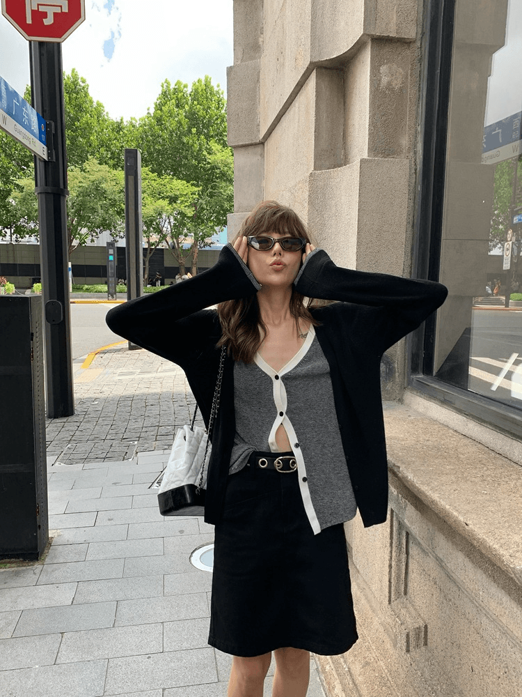 (당일배송) 울 니트 가디건 슬리브 브이넥 레이어드 가디건