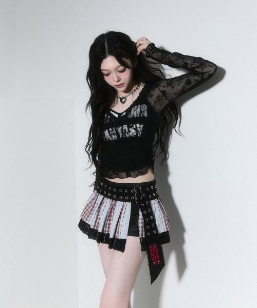 seethrough v neck shirring sleeve - black