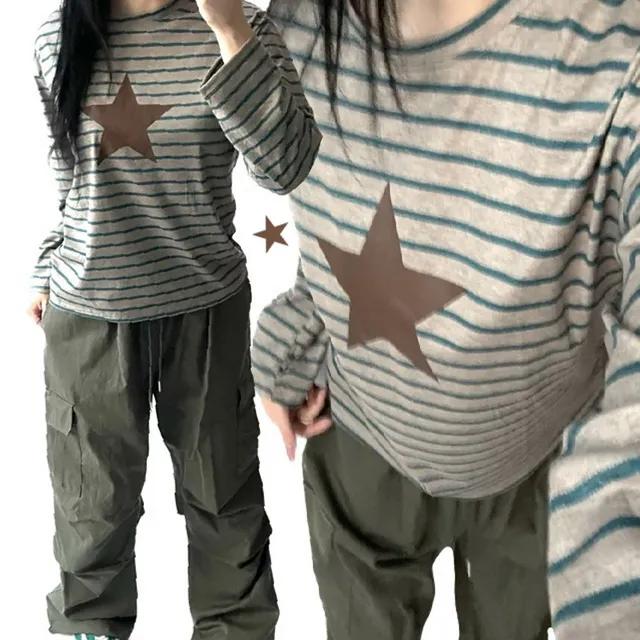 [당일발송] y2k 단가라 스타 긴팔티 - y2k상의 y2k티셔츠 y2k티 별 별프린팅 스타프린팅 긴팔티셔츠 스트라이프 별티 스타티 뉴진스 뉴진스룩 캐주얼 키치 유니크 빈티지 힙