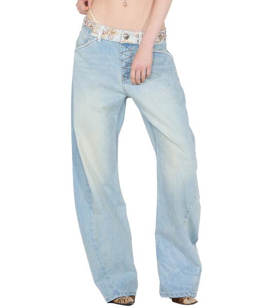 Beaded Waist Denim Pants Ice Blue