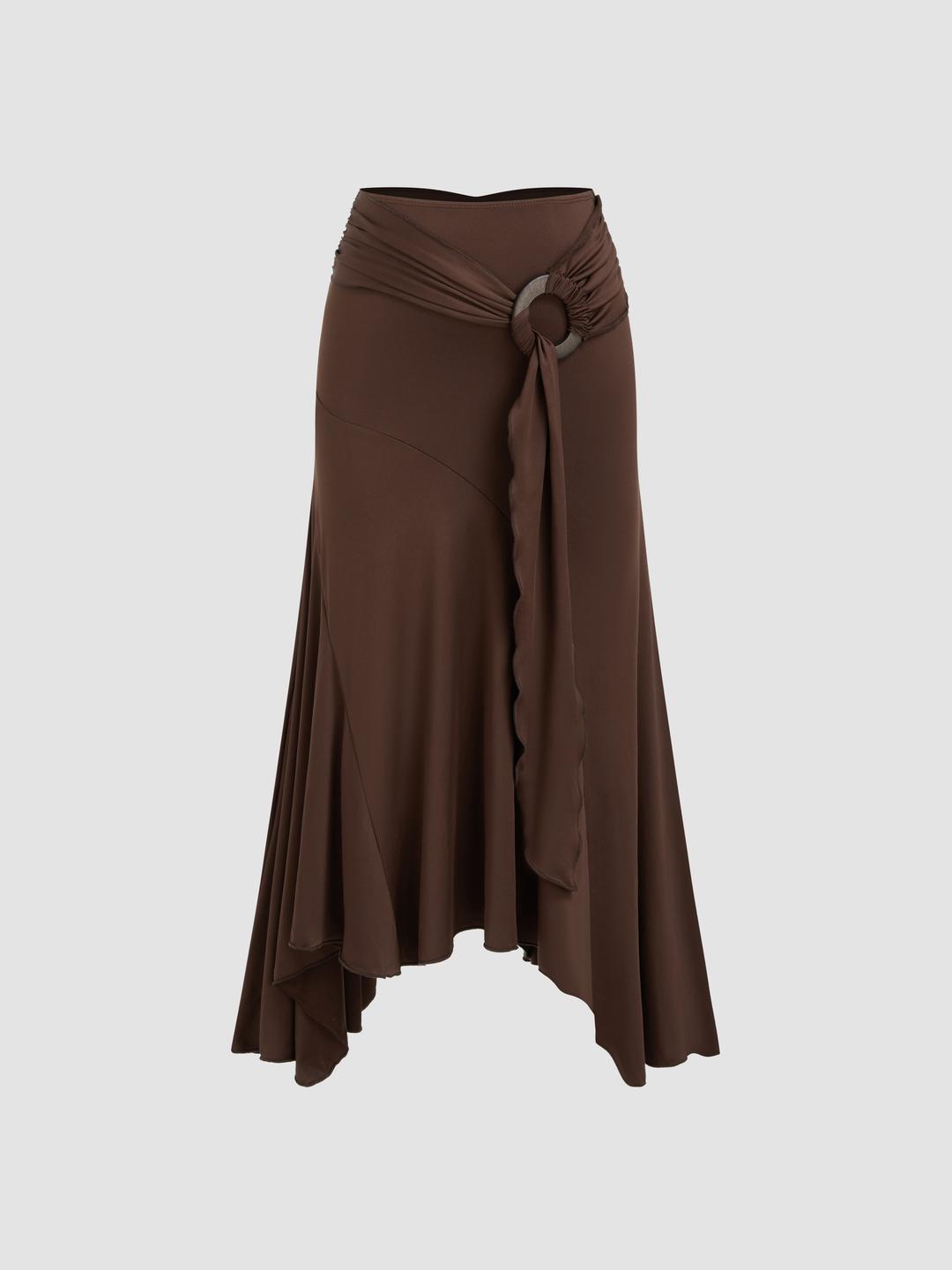 Mid Rise Ruffle Hem Ruched Maxi Skirt