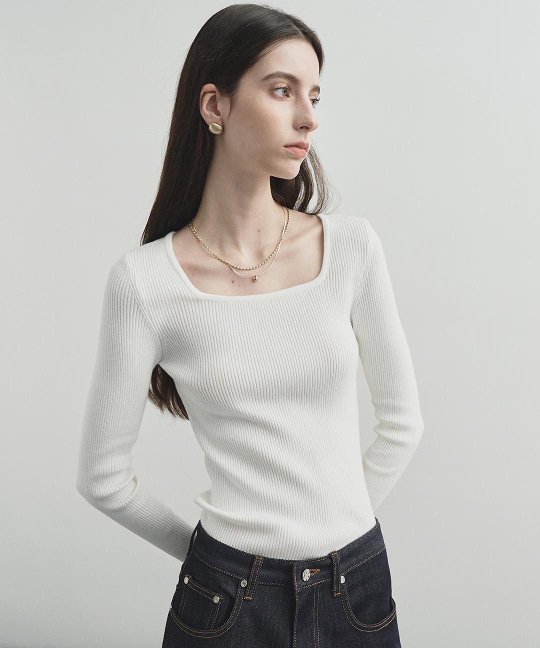 몽돌 [1+1] [5color] 스퀘어 넥 골지 니트 MDKT063