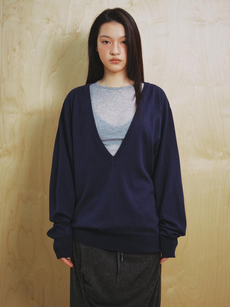 Essential Deep V Neck Knit (Deep Blue)