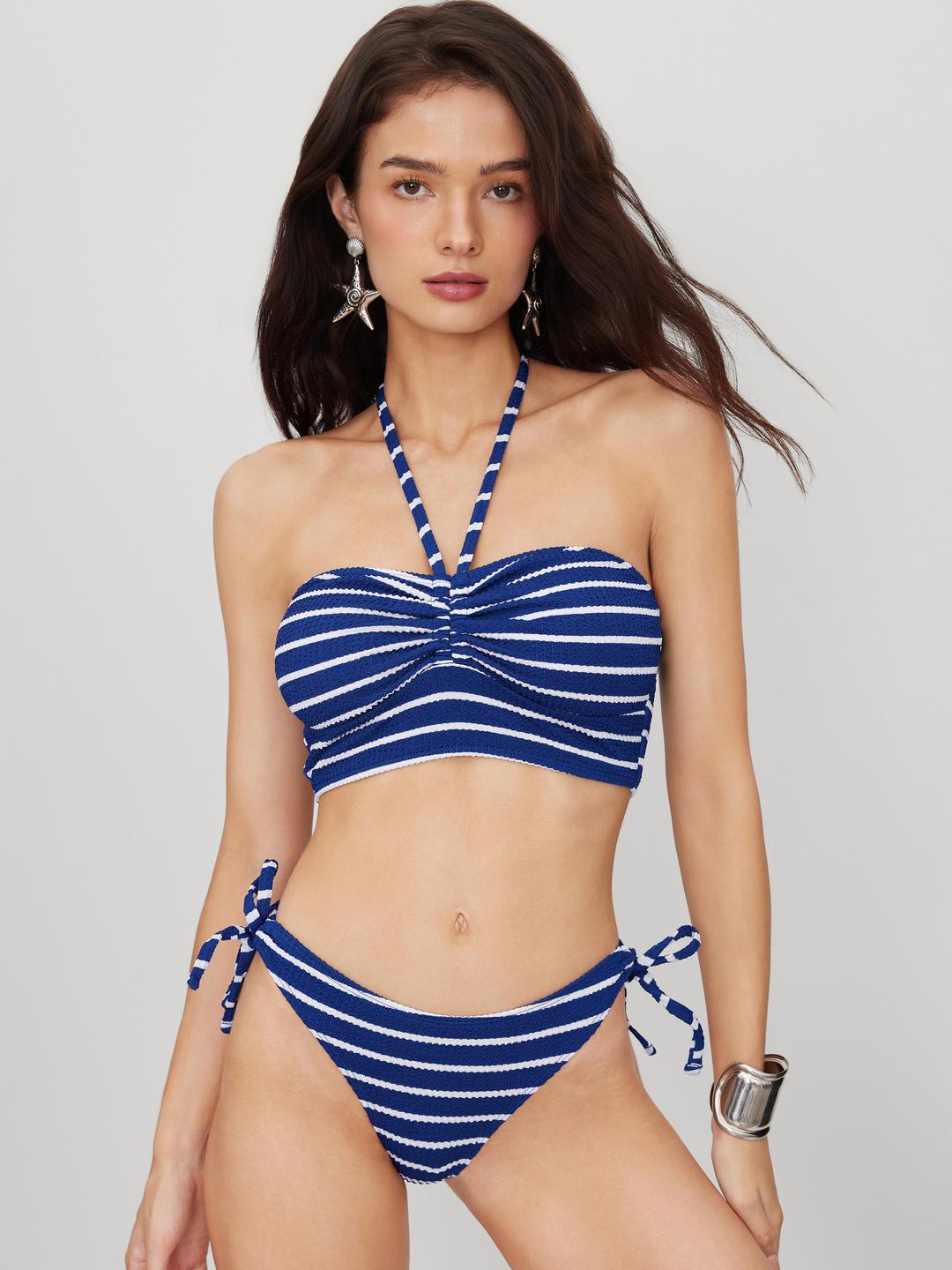 Ribbed Halter Neckline Stripe Knotted Cheeky Bikini Set