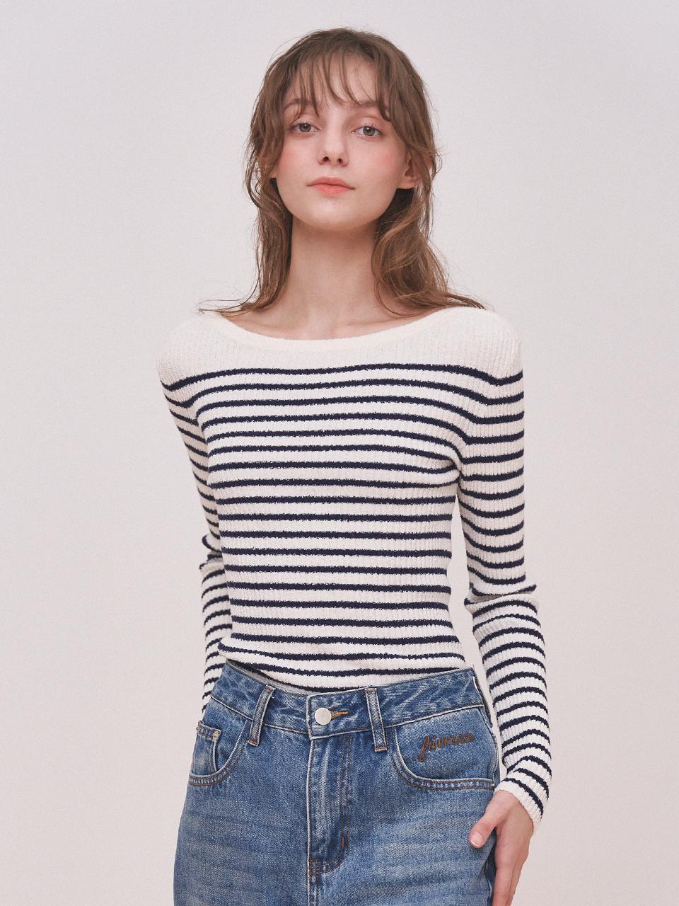 LUX marine boat neck stripe knit_navy