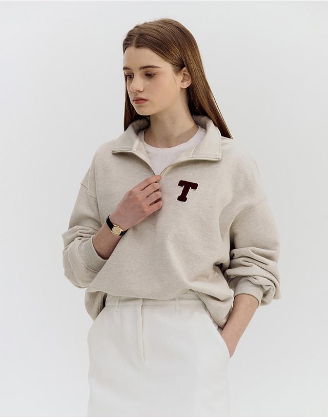UNISEX BOUCLE LOGO HALF ZIP-UP SWEATER OATMEAL MELANGE_UDTS2A106I1