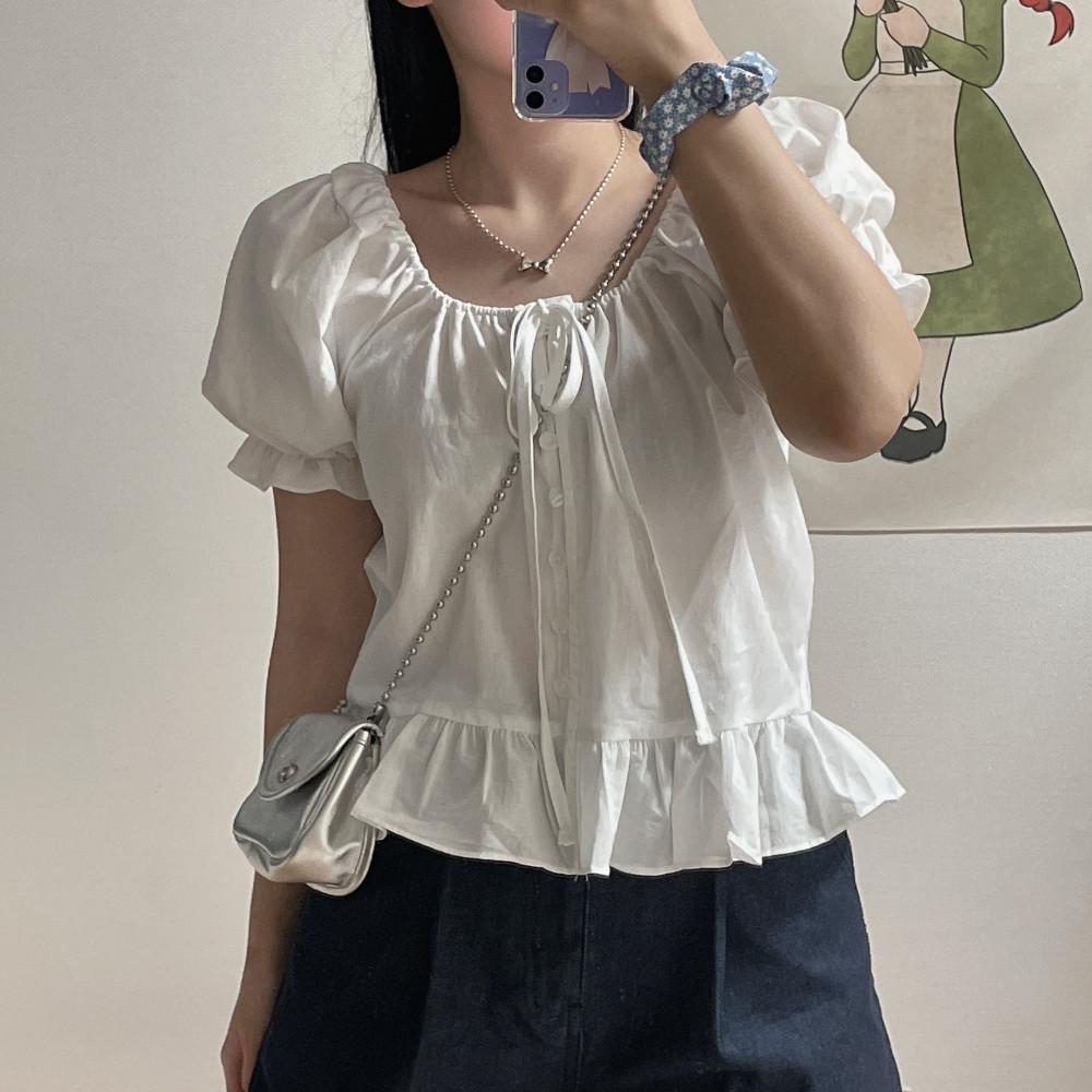 린넨 프릴 리본 블라우스