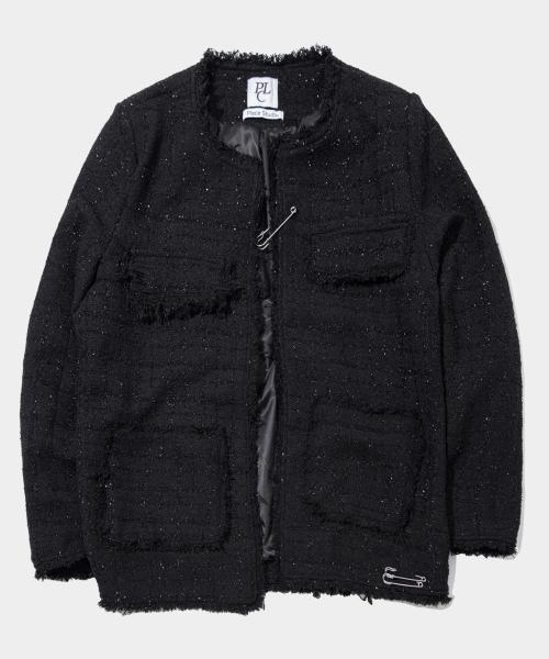 프린지 멀티 아웃 포켓 라운드 울 블렌드 트위드 자켓 [블랙]