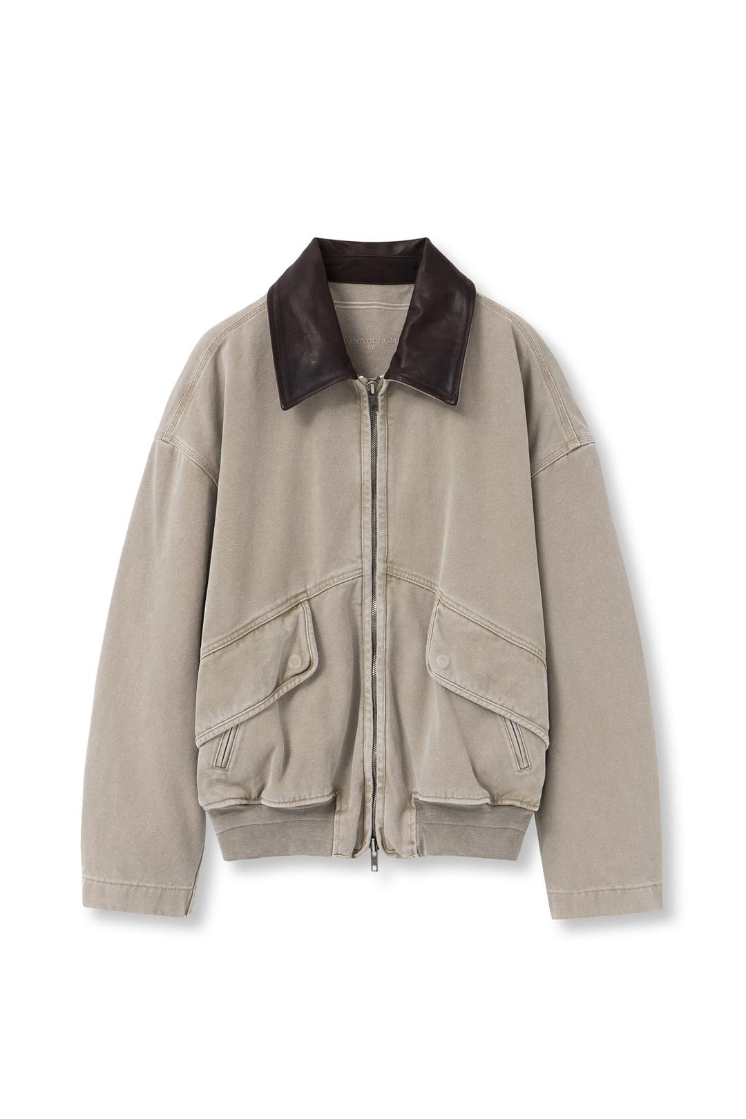 Beige Leather Collar Oxford Jacket