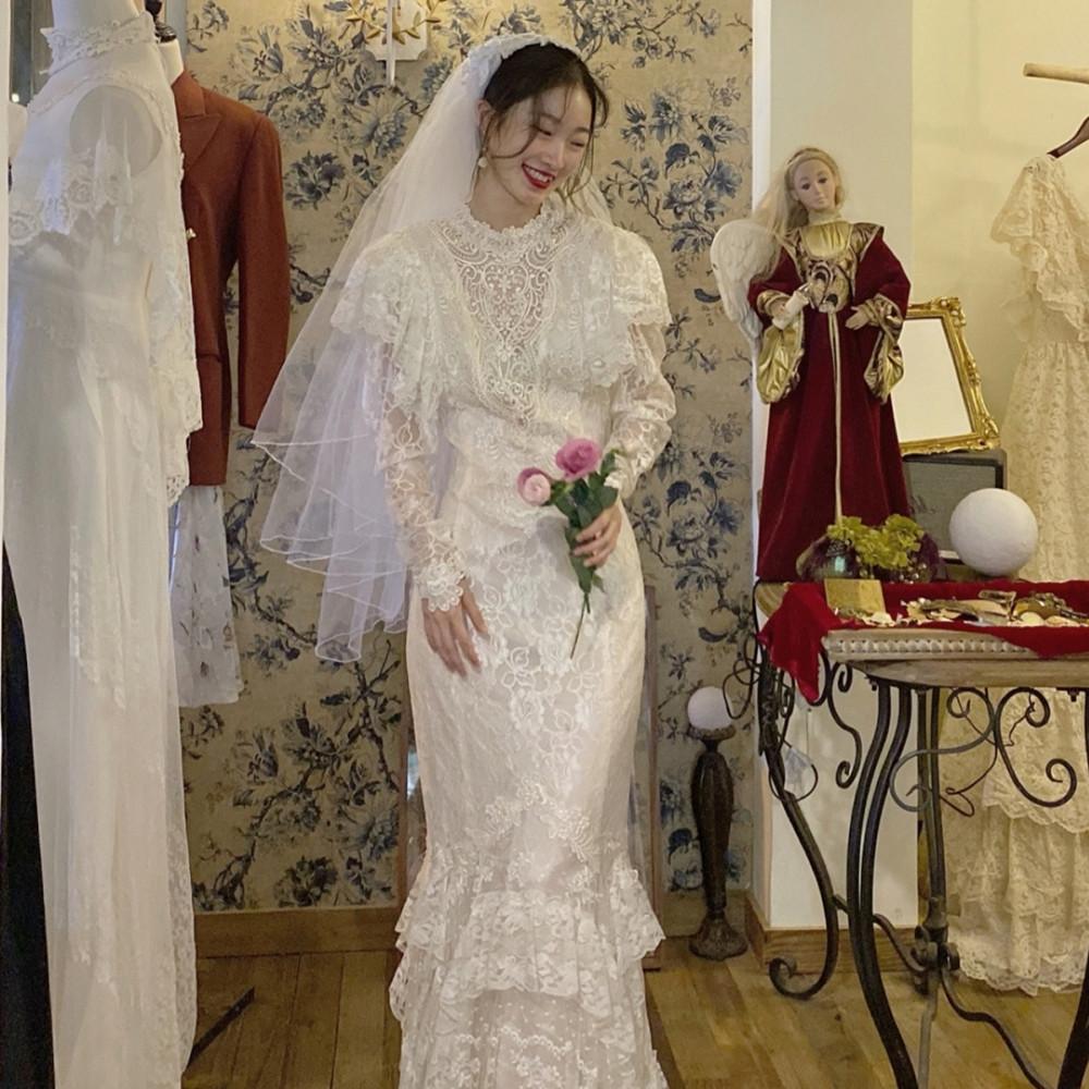 빈티지 셀프웨딩드레스 브라이덜샤워 스냅 야외 촬영 2부 파티 피로연 예복 원피스