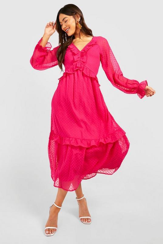 Dobby Ruffle Midi Smock Dress