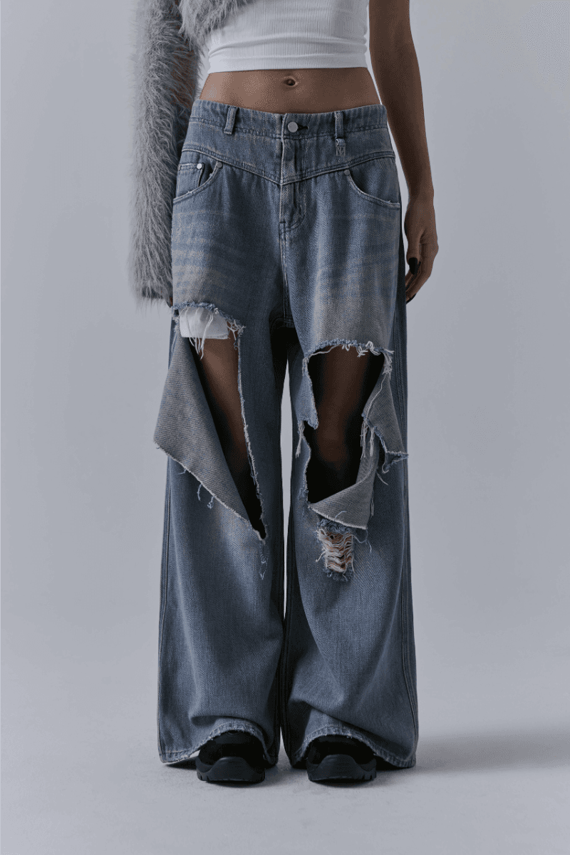 Flip Cut-out Damage Denim Pants [ Blue ]