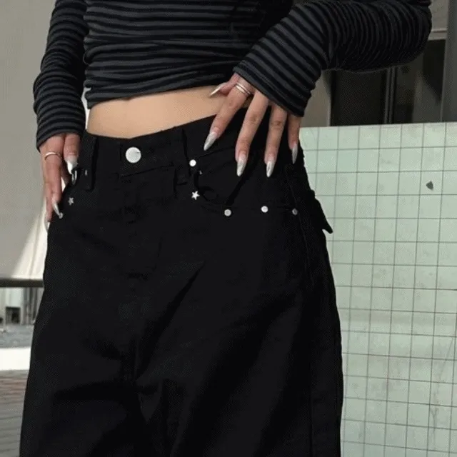 키라 스터드 포인트 블랙 와이드 팬츠