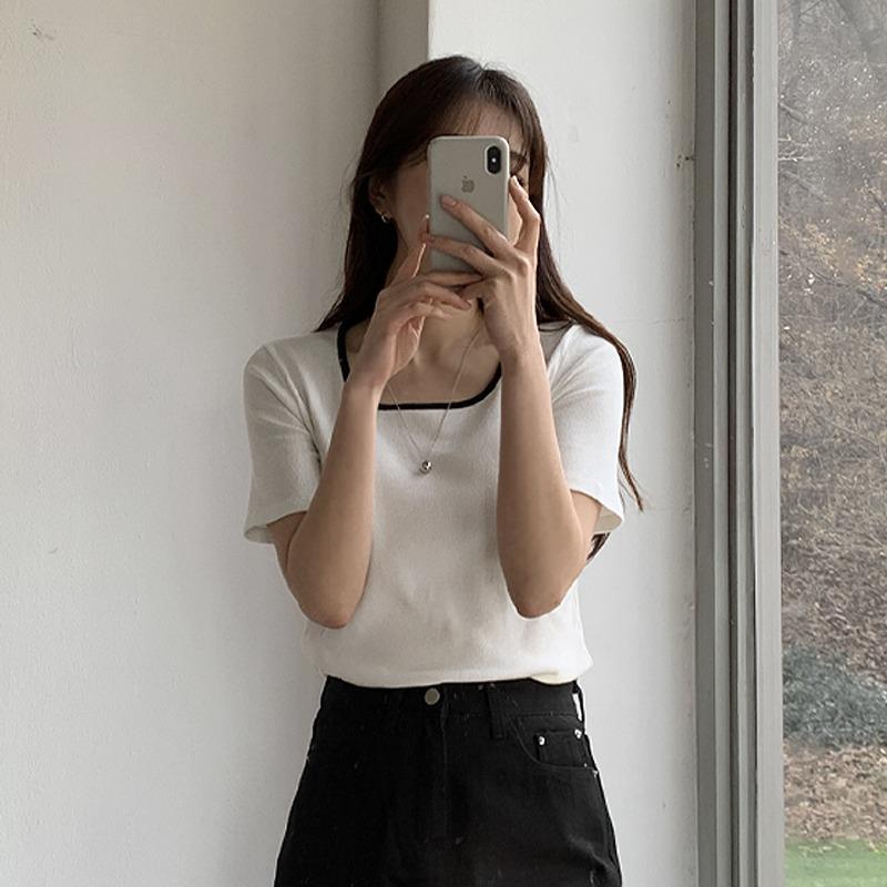 [여름 티셔츠 BEST✨1만6천장 돌파][+S,M,L사이즈][Made]시에르 골지 스퀘어넥 반팔 티셔츠 - 8 color