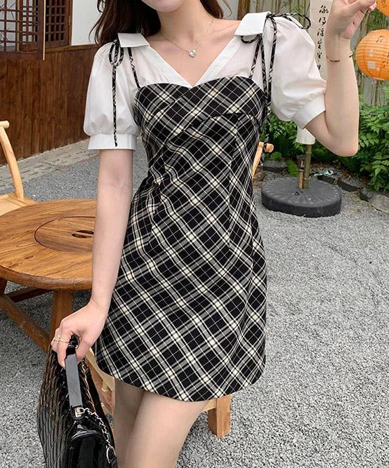 체크 무늬 퍼프 반팔 미니 원피스