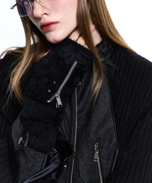VELVET MIXED HAIRY KNIT HAND WARMER - BLACK