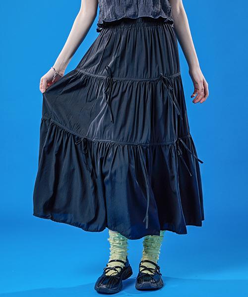 쿨링 냉장고 밴딩 리본 마몽 주름 플레어 롱스커트 [BLACK] 롱치마 KCL.