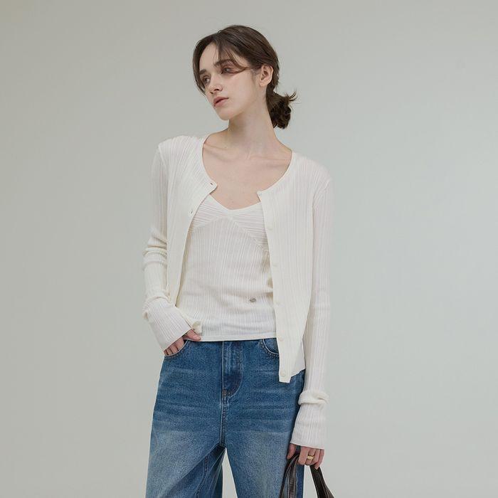 WRINKLE V NECK CARDIGAN SET [IVORY]