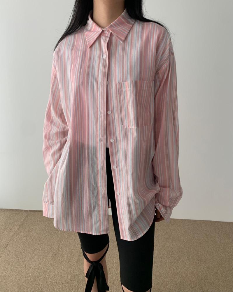 스트라이프 줄무늬 여름 오버핏 핑크 퍼플 셔츠