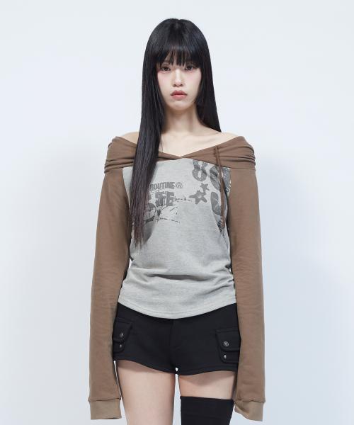 오프숄더 레터링 그래픽 후드 긴팔 티셔츠 GREY