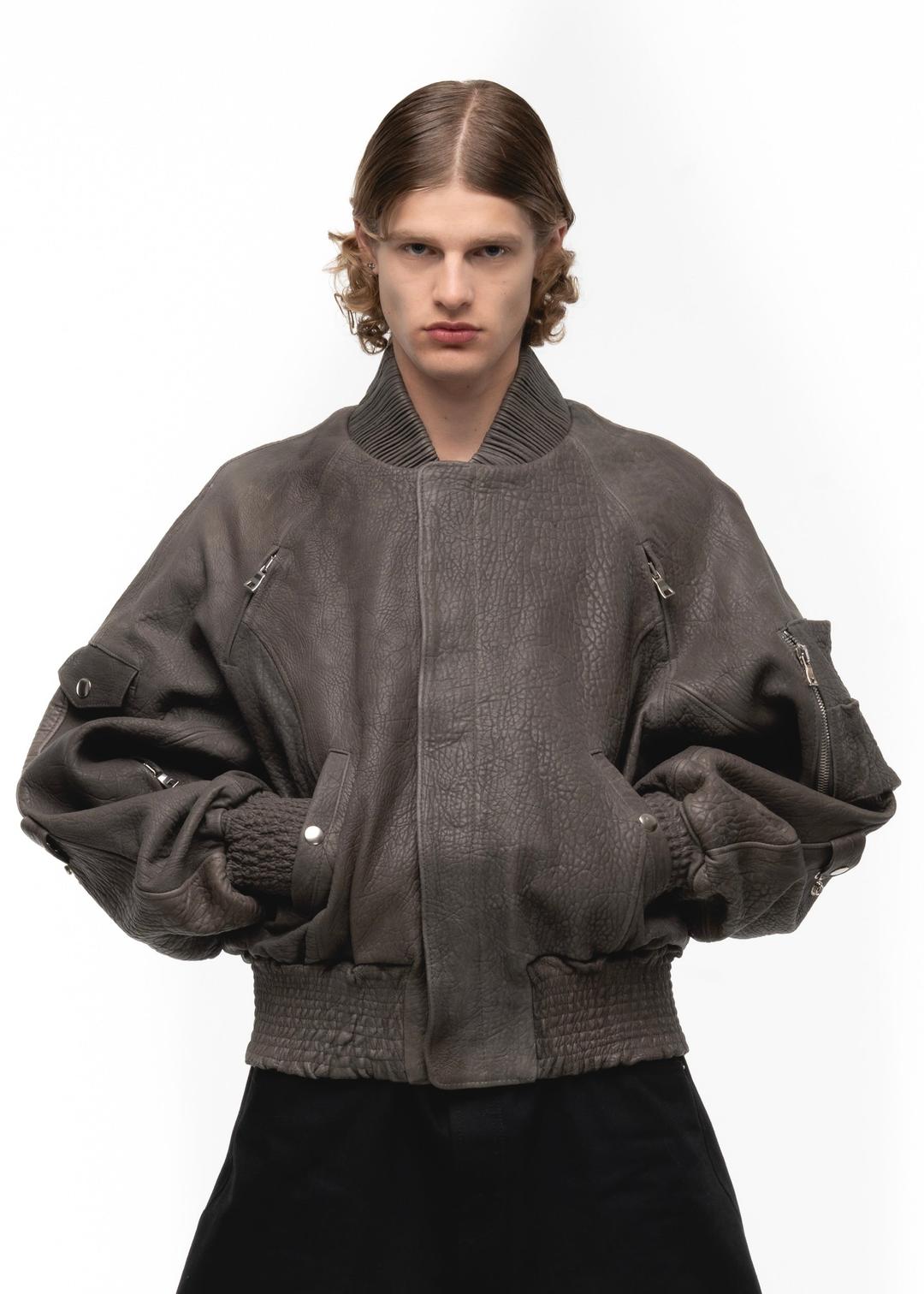 GREY DRIED CONCRETE LEATHER BOMBER - SMALL