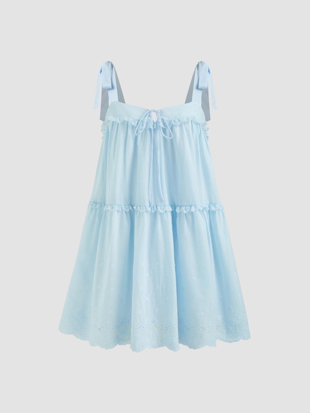 면 100% 스퀘어넥 베이비돌 러플 매듭 미니 원피스