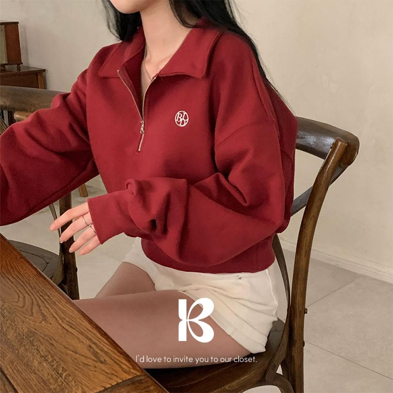 베이델리 [MADE/탄탄!]라떼 카라 반집업 세미크롭 자수 맨투맨