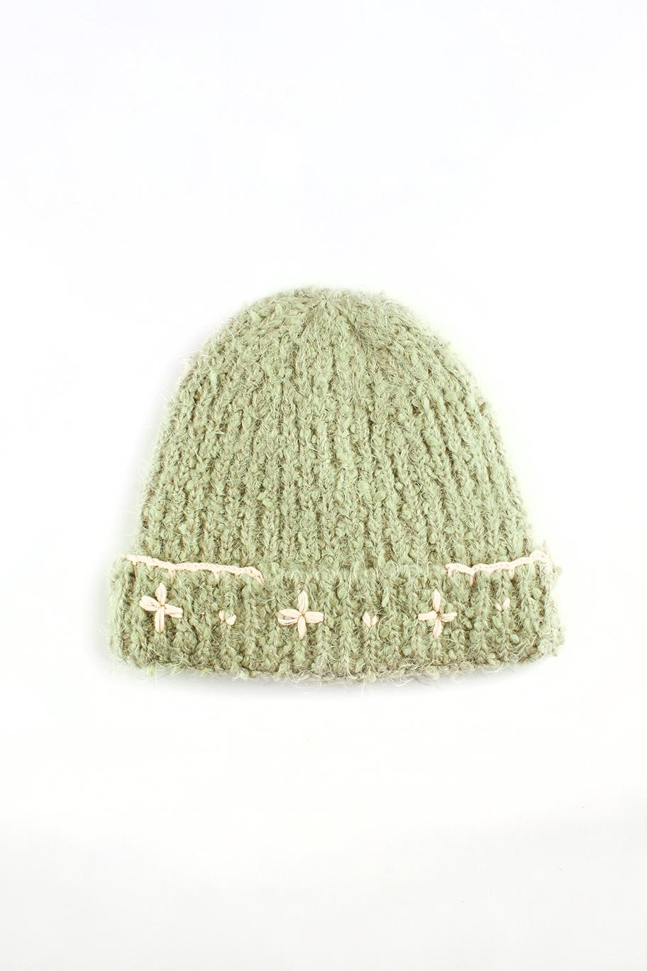 Flower Hand Stitched Beanie_LIGHT GREEN