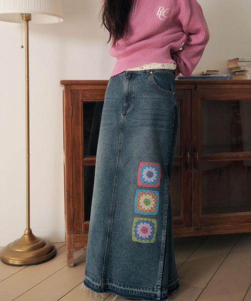 로씨로씨 X 그래피커스 크로셰 데님 롱 스커트 [미들 블루]