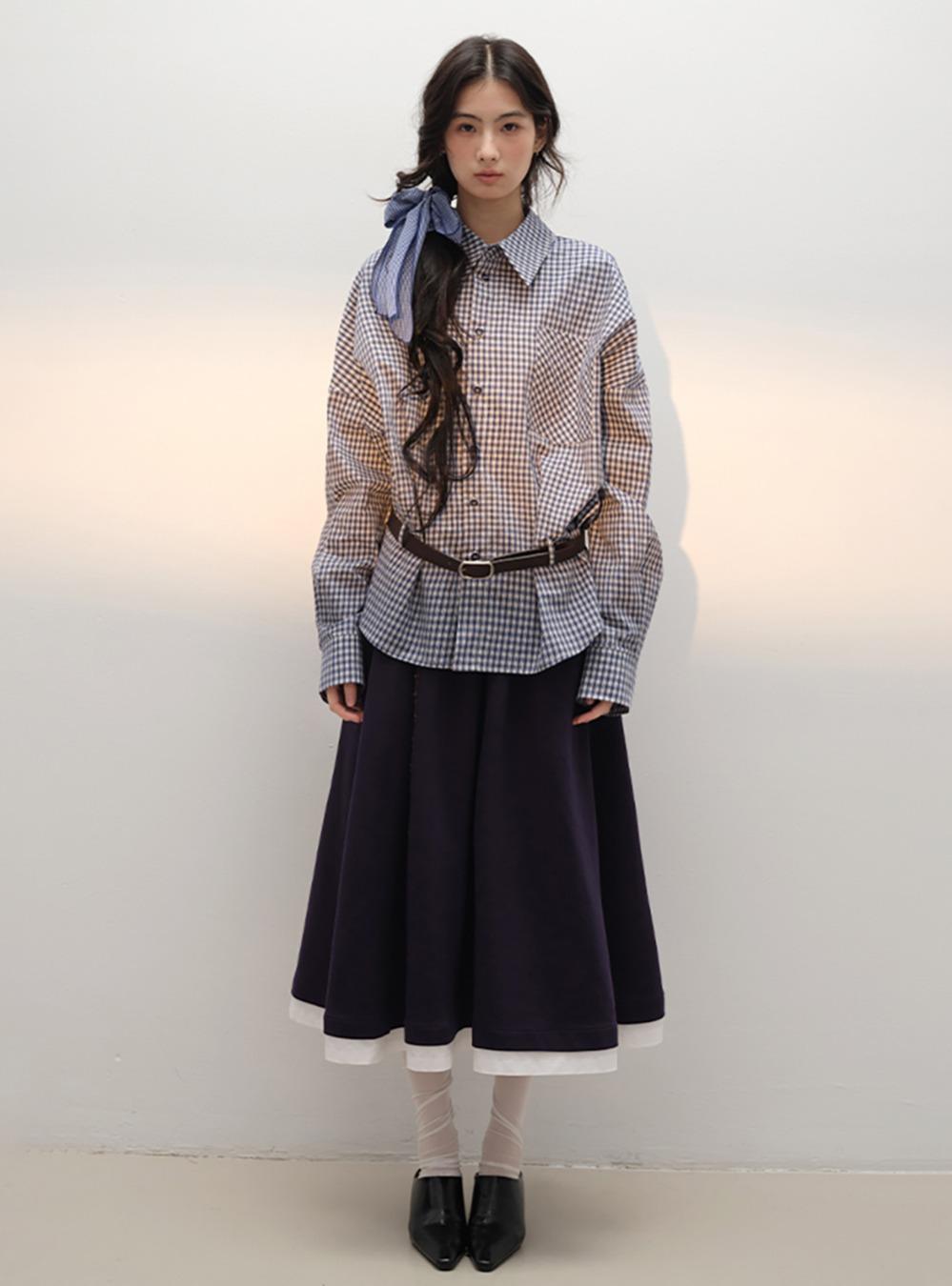 Retro Check Shirt & Pleated A-Line Vintage Skirt
