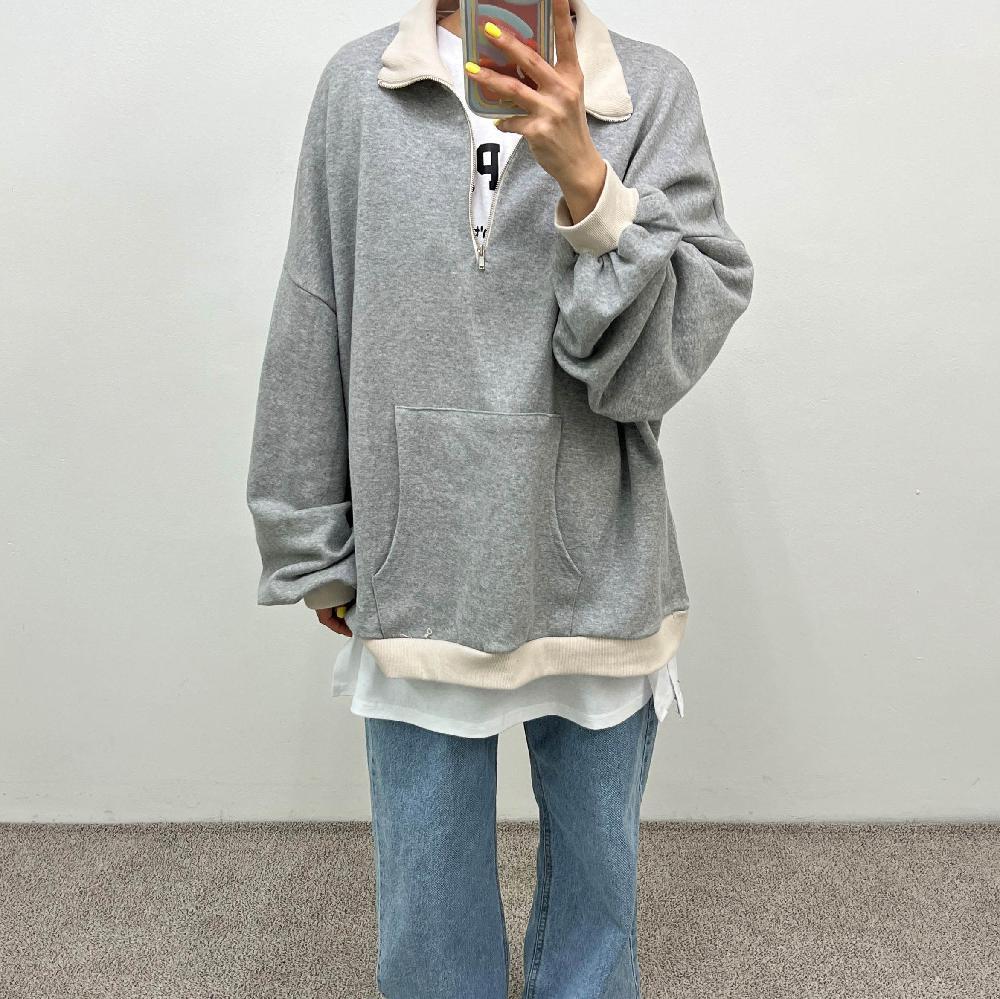 반집업 배색 박시 맨투맨