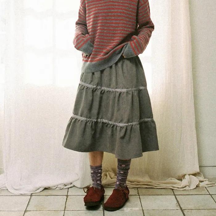 CHECK MIDI TIERED SKIRT [BROWN]