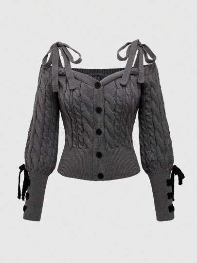 ROMWE Kawaii Women's Cute & Sweet Tie Cuff Decor Off Shoulder Lantern Sleeve Cropped Cardigan