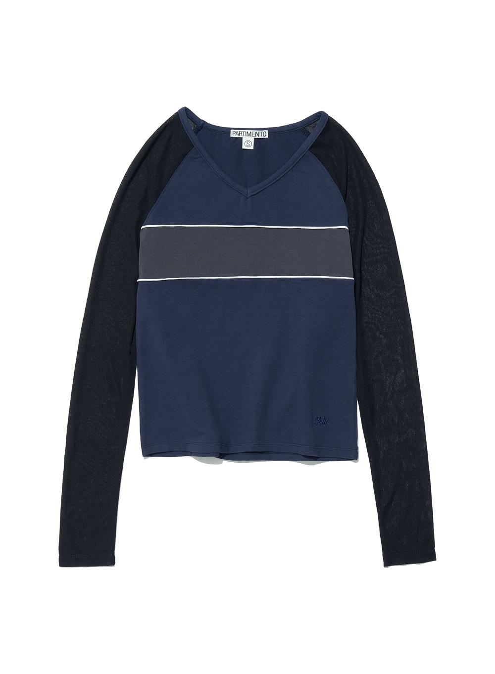 [WOMEN] V-NECK MULTI COMBI LONG SLEEVE TEE_NAVY