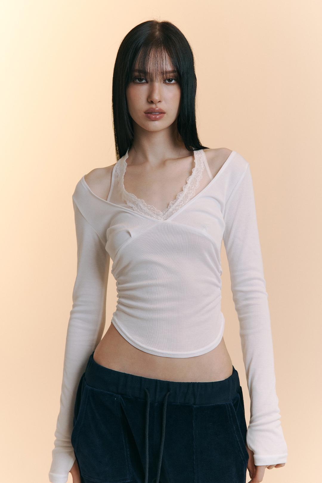 Amelia Lace Halter Long Sleeve Top (Ivory)