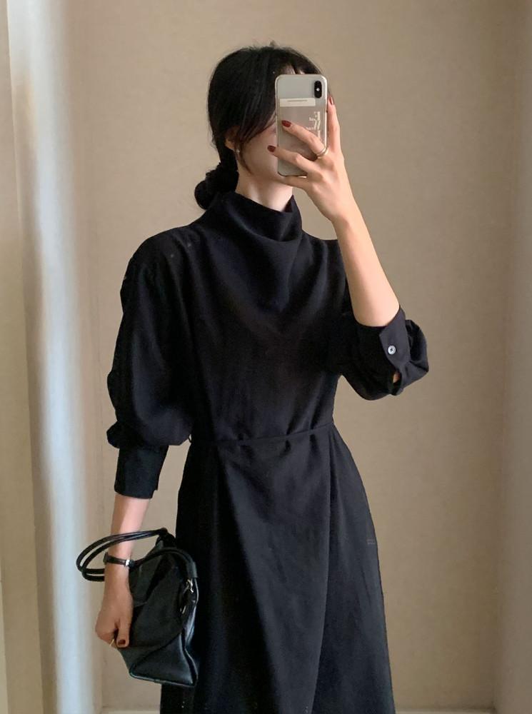 여자 하객룩 소프트 하이넥 스트링 백 버튼 롱원피스