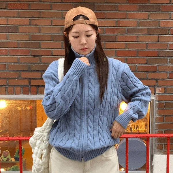 [남녀공용] 울 꽈배기 니트 투웨이 집업