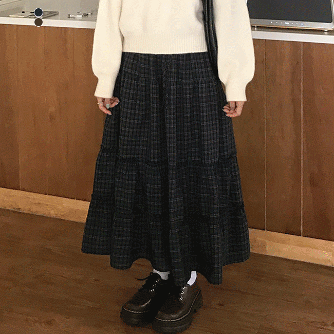 그레이레이즈 [러블리/안감o] 핀터체크프릴밴딩롱스커트 (2color)